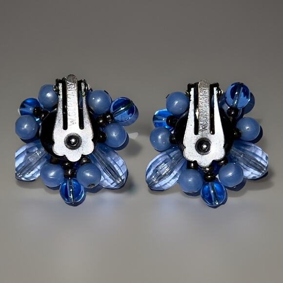 Vtg West Germany Clip On Earrings - Light Ice Blue Costume Cluster Faceted Beads - Picture 3 of 6